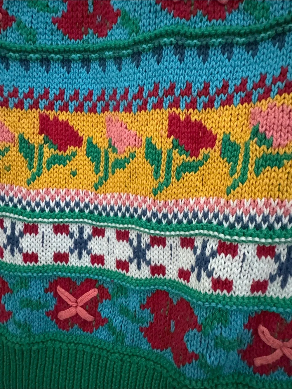 Zara 100% Cotton Green Multicolor Floral Knit V-Neck Vest